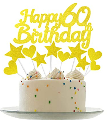 Personalised Happy 60th Birthday Cake Toppers Gold Cake Decorations for Men,Women,Him,Her 60th Birthday Cake Cupcake Topper, Glitter Cakes Banner Decoration for 60 Birthday Anniversary Party Supplies