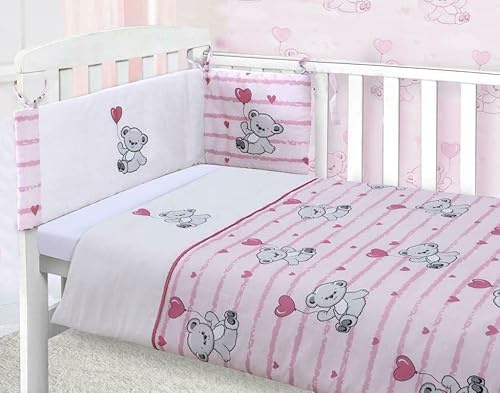CnA Stores Pink Hearts Teddy Bear Girls Cot Bed Baby Bale Bedding Set Cot 100% Cotton Cot Quilt and Fitted Sheet