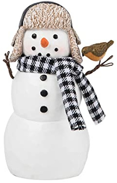 GALLERIE II Cute Snowman w/Black & White Plaid Scarf & Chickadee Bird Small Winter Decorative Figurine Figure Christmas Xmas Winter Holidays Indoor Home Living ROM End Table Fireplace Mantle Decor