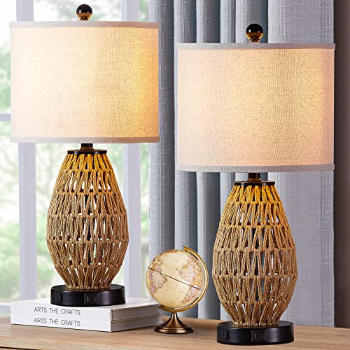 CINSARY Touch Control Rattan Table Lamps, 3 Way Dimmable Bedside Lamps for Bedroom Set of 2 with 2 USB Ports and AC Outlet, Wicker Nightstand Lamps for Living Room (LED Bulbs Included), Rattan