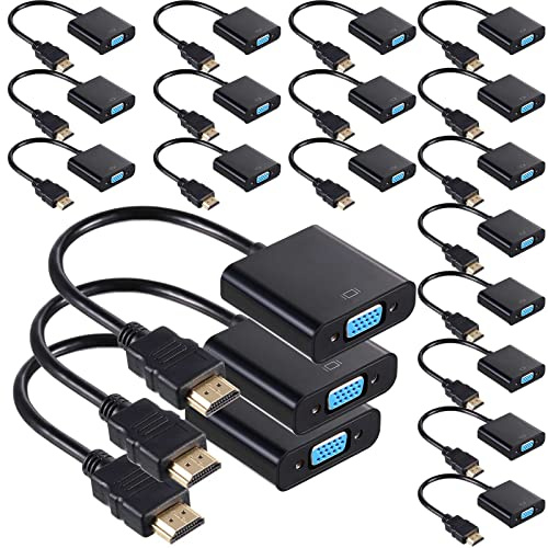 Yunsailing 20 Pack HDMI to VGA Adapter Converter Bulk Gold Plated Black HDMI to VGA Cable Compatible with Raspberry Pi Computer Desktop Laptop Monitor HDTV Projector