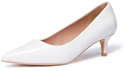 Zhabtuc Escarpins Classiques pour Femmes à Petit Talon Chaton Talons Bas à Bout Fermé 5CM Chaussures à Talons à Bout Pointu Talons pour Le Bureau, la Fête, Le Mariage, Vernis Blanc, 41 EU