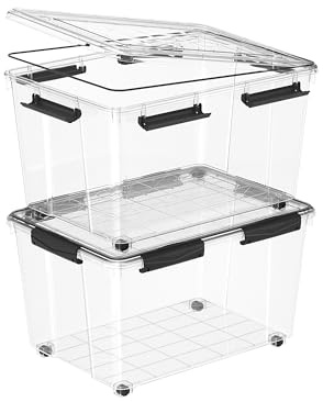 Cetomo 55L*2 Cajas de almacenamiento plásticas herméticas con junta de sellado, ruedas y tapa, para garaje/exterior, edredones/ropa, impermeables, apilables, de PP transparente, 55L (2 unidades)