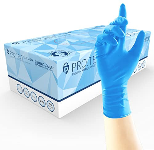 UNIGLOVES PRO.TECT Blue Blue XHD+ GA0105 - Guantes desechables multiusos, sin polvo y sin látex, extra grandes, caja de 50 guantes