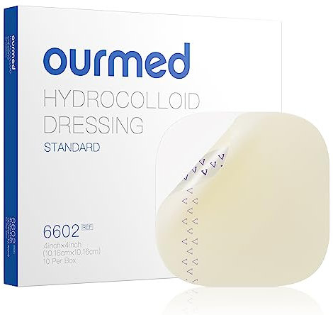 Ourmed Apósitos hidrocoloides grandes 10 x 10 cm, 0,5 mm de grosor, apósito impermeable para heridas con superficie adhesiva para heridas con exudado ligero, ampollas, acné, 10 unidades