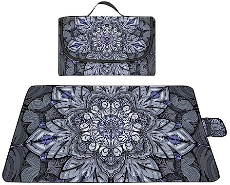 Picknickdecke wasserdicht, große Picknick Decke 100x150cm Sanddicht Picknickdecke Strandmatte Leicht und Tragbar für Strand Park Wandern Camping Großartig Familienreisen Graues Mandala