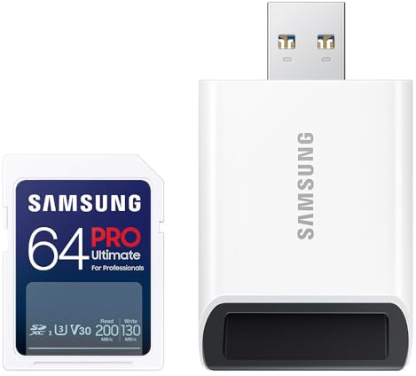 Samsung PRO Ultimate SD-Karte, 64 GB, UHS-I U3, Full HD & 4K UHD, 200 MB/s Lesen, 130 MB/s Schreiben, Speicherkarte für Kamera, PC, Drohne oder Action-Cam, Inkl. USB-Kartenleser, MB-SY64SB/WW