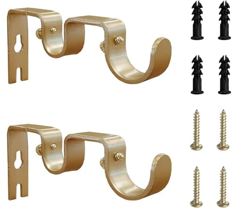 Kowibcl Soportes dobles para barra de cortina, se adapta a barras de hasta 1 5/8 pulgadas, metal resistente, montaje en pared, dorado