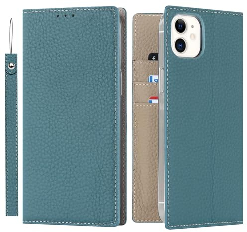 ELTEKER Hülle iPhone 12 Mini Handyhülle [Echtes Leder] Klapphülle mit Kartenfach,Schutzhülle Leder Hülle für iPhone 12 Mini-hellblau
