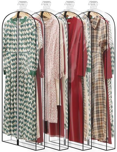 Perber 60 All Clear Dress Bags for Gowns Long, 4 Gusseted Garment Bags for Hanging Clothes, Womens Dress Garment Bag with Zipper for Skirts, Wedding Dresses, Winter Fur Coats, 4 Packs