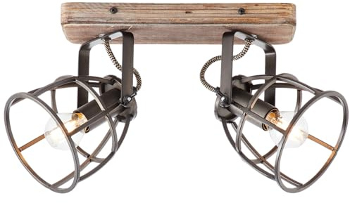Lightbox Vintage spotlight bar - 18 x 29 x 16 cm - Faretto da soffitto con paralumi in metallo e teste orientabili e base in legno di pino - 2 x E14, max. 28 W - in acciaio nero