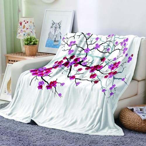 EHOMERY Manta Sofa Grande Verano Algodón Frazada Cama Queen Mantas Infantiles Cobija para Verano Pechuga De Ciruela Planta Manta Verano Suaves Y Cómodas Rosa Roja 200x150cm