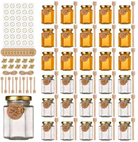 Mcupper 4 oz Small Honey Jars with Dipper, 30 Pack Hexagon Honey Jar for Baby Shower, Empty Glass Jars for Wedding Favors and Party Favors