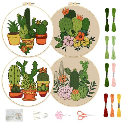 FREEBLOSS 4er Pack Stick Starter Set, Stickset Mit Kakteen Für Anfänger, Komplettes Sortiment An Kreuzstichzubehör, Stickset Mit Blumen, Wanddeko, 30 cm Stickstoff