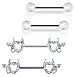 Jovivi 2 Paar 14G Brustwarzenpiercing Chirurgenstahl Nippelpiercing für Damen Brustwarzenpiercing Bar Set Herz Teufel Barbell Piercing Körperschmuck 14mm Stablänge Piercing Schmuck (Silber)