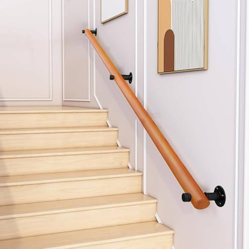 Pasamanos Escalera De Madera, Madera Barandilla Interior, Antideslizante Barandillas de Seguridad con soportes, Contra la Pared Kit de Barra de Agarre de Seguridad Para Ancianos y Niños (G, 120CM)