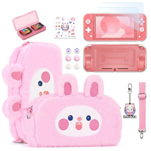 innoAura Étui Switch Lite,Pack d’accessoires 14 en 1 pour Switch Lite avec étui de transport mignon,protecteur d’écran Switch Lite,étui de jeu Switch,bouchons pour les pouces Switch (Lapin Rose)