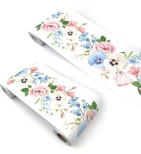 VisitRyl Tapetenbordüre Selbstklebend Blaue weiße Glockenblume YX208 12cm X 500cm – Einfache Montage für Wände