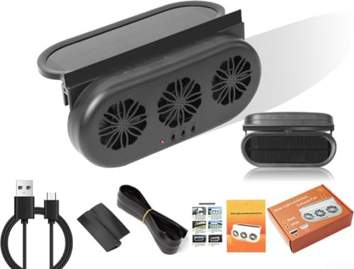 Ventola di ventilazione per auto, ad energia solare, con tre porte di ricarica USB e purificatore d'aria, per SUV, camper, veicoli (nero)