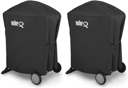 Weber Premium Grillabdeckhaube für Q1000/2000 mit Stand/mit Rollwagen, atmungsaktiv UV- & wasserbeständig, Schutz for Wind & Wetter, mit Klettverschluss zum Befestigen, Grillcover - Schwarz (7120)