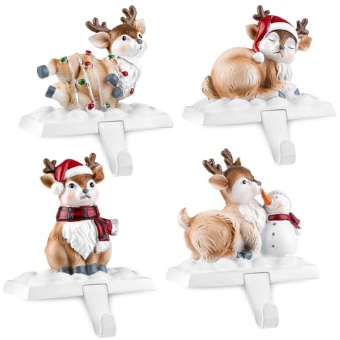 EBANKU 4er Set Weihnachts-Strumpfhalter für Kamin, Harz Aufhänger Haken | Weihnachtshirsch in vier verschiedenen-Design, Festliche Sockenhalter für Kaminbank, Weihnachtsdeko & Geschenkidee