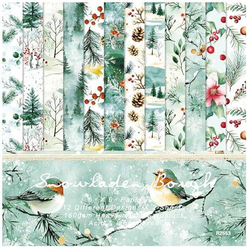 ZAKHSE Motivpapier Weihnachten, 24 Blatt Designpapier mit Kiefer Piniennadel Schneezweige Vögel Muster, Einseitig Bedruckt 15.2x15.2cm Bastelpapier Scrapbook Papier für Festivals DIY, 12 Designs