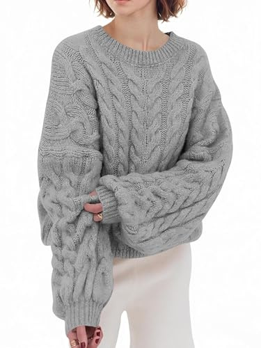 Saodimallsu Jersey para mujer, cuello redondo, manga larga, diseño trenzado, punto grueso, monocolor, informal, para invierno