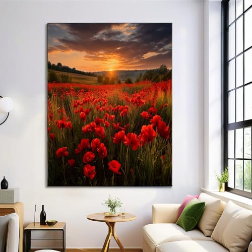 Campo De Amapolas Natural Lienzo Arte Pared, Cuadros En Lienzo De Paisaje Al Atardecer, Arte Mural En Rojo Anaranjado, Lienzos Decoración Para Salón Despacho Entrada Cafetería, Sin Marco, 50X70Cm