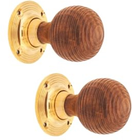 Infinity Decor Pair of Traditional Style Rosewood Beehive Rim Door Knobs on Polished Brass Rose Set 55mm - Pull Door Handles for Internal & External Doors