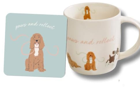 Cute CREATIONS Dog Design Mug with Matching Coaster, 350ml Cup & Drink Coaster Gift Set for Dog Lovers – Ceramic Tea & Coffee Mug with Cute Pet Design (Spaniel)