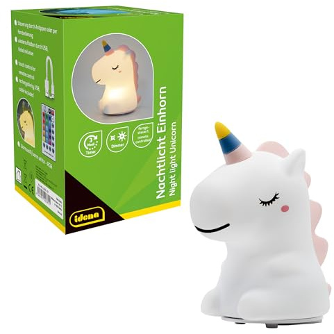 Idena 40385 - Luce notturna a LED unicorno, lampada in silicone con telecomando, cambio colore e dimmer, alta circa 14 cm, ricaricabile, cavo di ricarica USB incluso