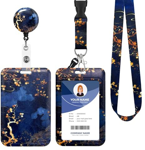 Porte Badge Cordon Tour de Cou, Porte-cartes avec Swivel Lobster Clasp Rétractable pour Cartes d'transport d'étudiant d'infirmière, Carte de Bureau (Branche dorée nocturne)