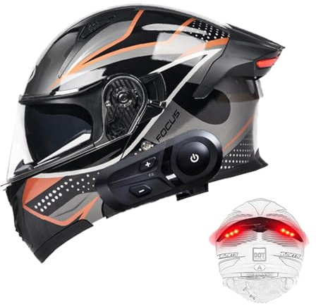 Frcychri Bluetooth Motorcycle Helmet Flip-Up Modular Motorbike Helmets with LED Taillight, with Drop-Down Sun Visor Helmet ECE Approved, for Scooter Cruiser Adult Men Women Sports Touring D,Large
