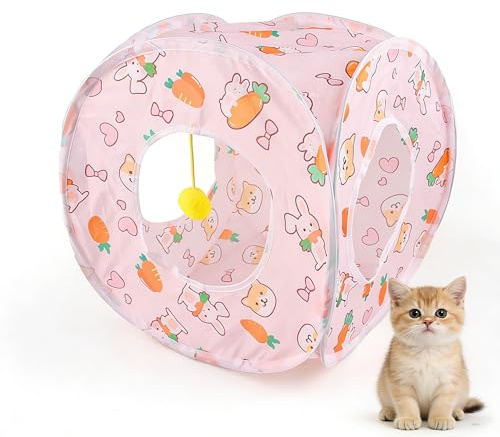 Satiskid Cat Pop Up Tent, Cube Foldable Cat Tunnel with 3 Holes, Cat House for Indoor Cats Kittens Puppy Rabbit Hiding Playing Training, Portable Exercise Cats Kennel (Pink)