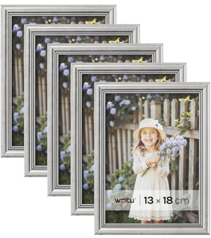 WOLTU Bilderrahmen 13x18, 5er set, Massivholz Fotorahmen mit Passepartout | Silber, Front aus PS-Platte, Posterrahmen zum vertikalen oder horizontalen Aufhängen und Aufstellen, Collage Wanddeko