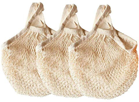 Ahyuan Reusable Cotton Mesh Grocery Bags Cotton String Bag Net Shopping Mesh Bags Pack of 3 (Beige)