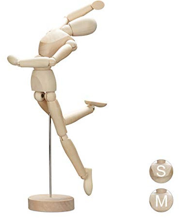 Relaxdays Gliederpuppe aus Holz, zeichnen, basteln, bewegliche Modellpuppe, Künstler, mit Ständer, 32,5 cm hoch, natur, Braun