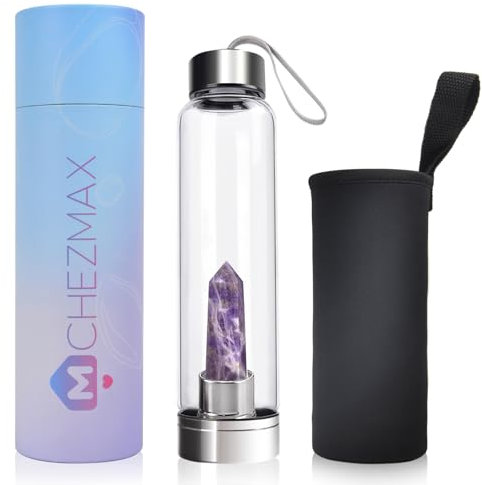 ChezMax Crystal Glass Water Bottle Energy Quartz Gemstone Water Bottle with Changeable Natural Crystal Center for Healing and Wellness