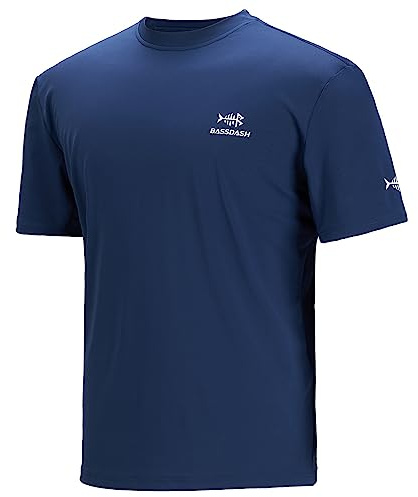 Bassdash UPF 50+ kortärmad fiske T-shirt för män, Mörkblå/vit logotyp, XL