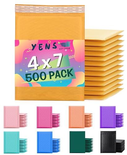 Yens Kraft Bubble Mailers 4x8 inch 500 pack Seal Adhesive Shipping Bags, Cushioning Padded Envelopes for Shipping, Mailing, Packaging Usable Space 4x7 KF#000-500