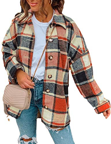 Yeokou Women's Plaid Flannel Shacket Oversized Button Down Long Sleeve Shirt Jacket Casual Spring Fall Outfits(Orange-S)