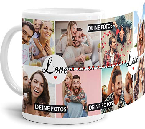 Tasse mit Spruch Love zum SELBSTGESTALTEN mit Foto-Collage für 8 WUNSCHFOTOS - Fototasse personalisiert - Persönliche Geschenkidee für Freunde und Familie - Weiß