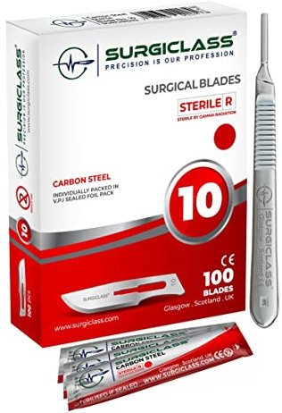 Lames de scalpel No 10 en acier au carbone stériles, lot de 100 et poignée n° 3, parfaites pour l'art du bois, Chirurgicale, la sculpture, l'anatomie de laboratoire, Création d'enseignes SURGIRD10-100