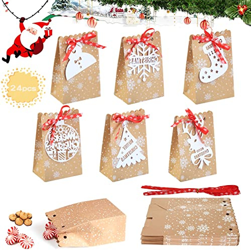 24 Stück Geschenktüten Weihnachten,Adventskalenderboxen, Adventskalender zum Füllen, Kraftpapier-Weihnachtspapiertüten, Braunes Kraftpapier mit Etiketten, Schneeflocken-Bändern