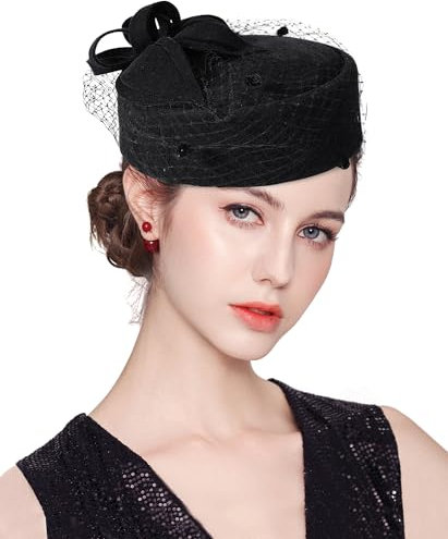 ELLYDOOR Fascinator aus Wolle, Winter, Wollfilz, Pillbox-Hut für Damen, Hochzeit, Kirchenhut, Schleier, Schleife, Fedoras, #01b Schwarz, Einheitsgröße