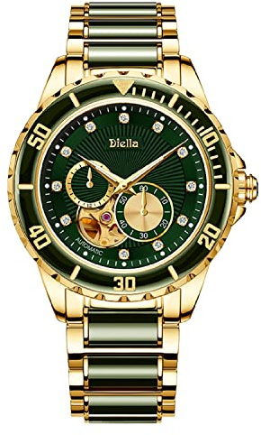 Diella Automatikuhren für Herren Datumsanzeige Wasserdicht, Selbstwindender, Edelstahl und Schwarz Jade Herren Armband Uhren Geschenke für Männer