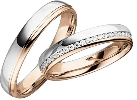 JC Trauringe 585 Gold Paarpreis Eheringe Rotgold Weißgold 4,0 mm breit I Partnerringe mit Gravur in edler Schatulle I 2 Hochzeitsringe Herrenring ohne & Damenring mit Steinen I LC125