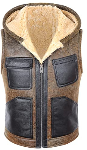 Herren Schaffell Echtleder Weste 100% Wolle Gefüttert Dickes Warmes Echtes Leder Lässige Ärmellose Kapuzenjacken Winterweste Auburn L