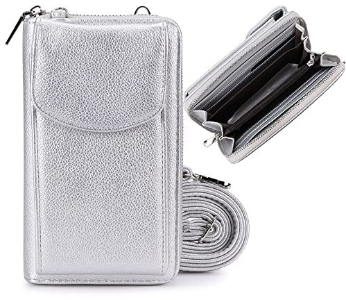 irisaa Geldbörse Damen mit Handyfach, RFID Schutz und Viele Kartenfächer, Crossbody Handytasche mit Geldbeutel Kleine Umhängetasche mit Verstellbarem Schultergurt, Damen Tasche:weich-Silber