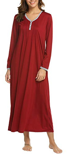 Ekouaer Chemise De Nuit Femme Manches Longues Longue Hiver Col en V Robe De Maison Grandes Tailles, Rouge, L
